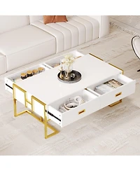 Rainsken Rectangular Coffee Table, Modern 47.4" Center Table with 4 Drawers and Gold Metal Base for Living Room
