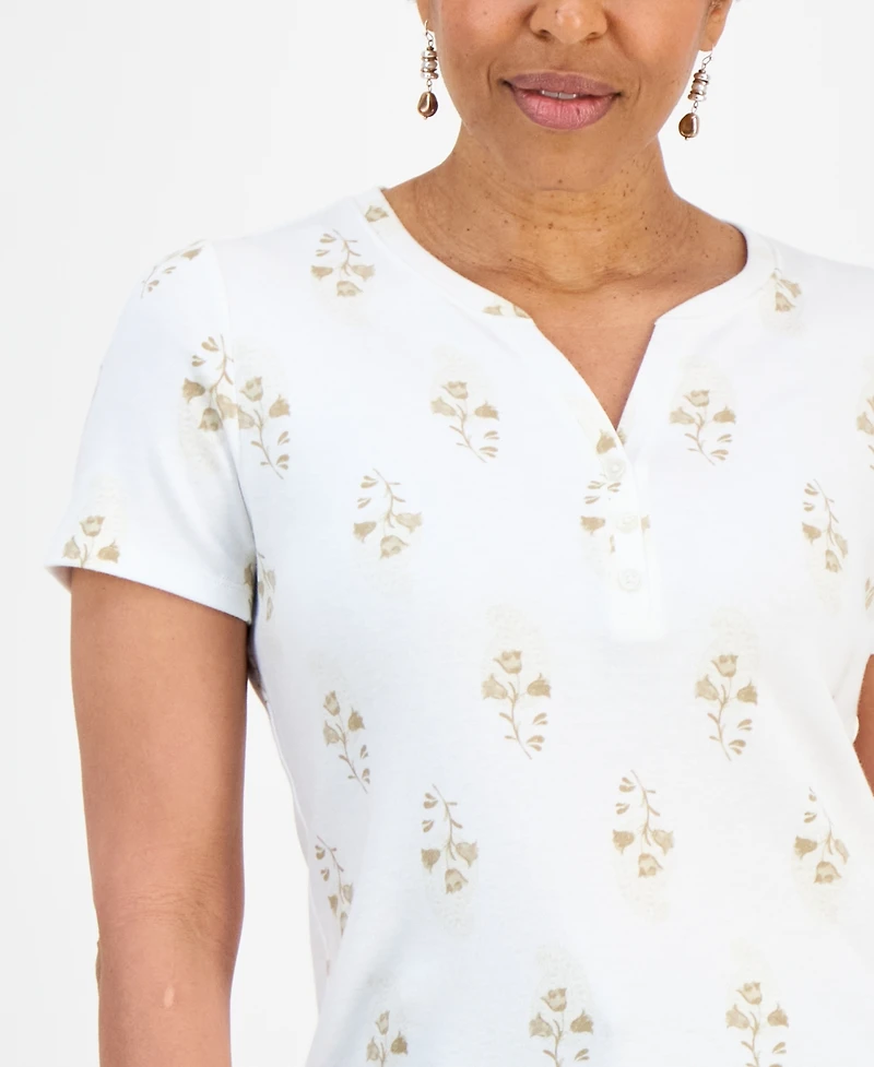 Style & Co Petite Floral-Print Short-Sleeve Henley Knit Top, Macy's Exclusive