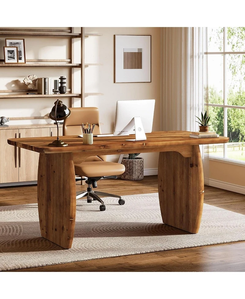 Tribesigns 63-Inch Solid Wood Executive Desk, Large Office Computer Desk with Sturdy Wooden Legs, Farmhouse Writing Table