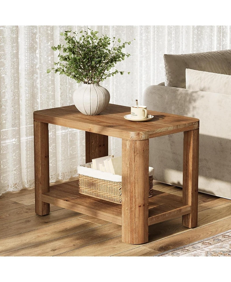 Tribesigns Solid Wood End Table, Farmhouse Side Table with 2-Tier Storage Shelf, Rectangle Bedside Nightstand, Accent Nightstand