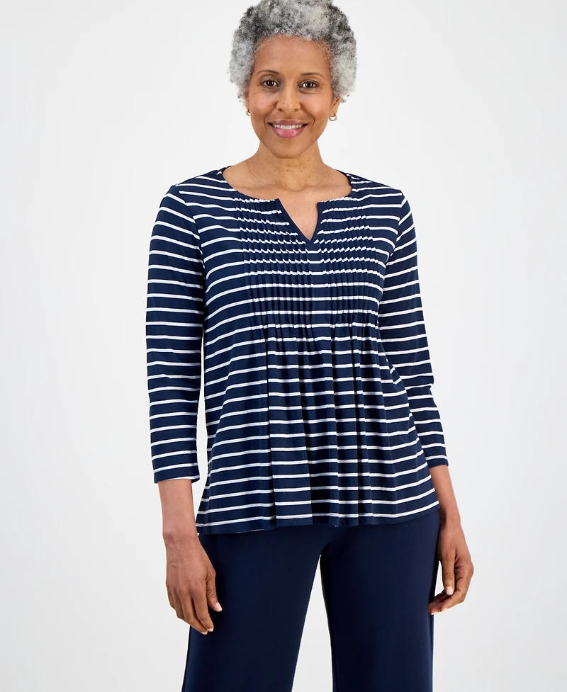 Style & Co Petite Notch-Neck Long-Sleeve Pintuck Top, Macy's Exclusive