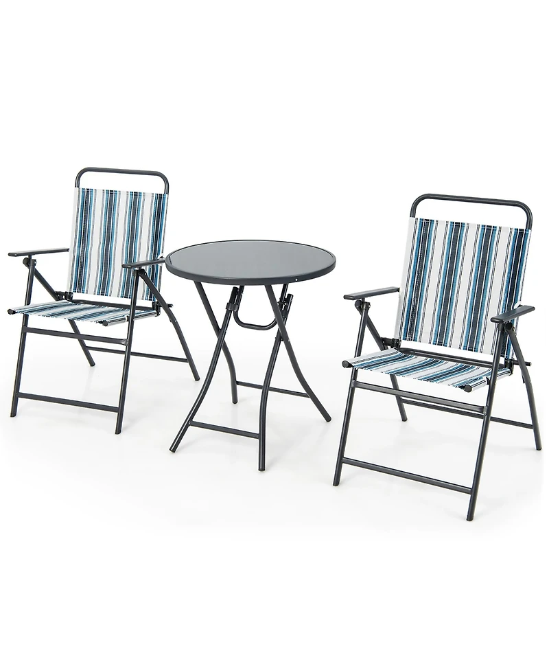 Gymax 3 Pieces Patio Folding Chair Set w/ 2 Chairs and Glass Round Coffee Table Porch Deck Backyard