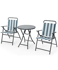 Gymax 3 Pieces Patio Folding Chair Set w/ 2 Chairs and Glass Round Coffee Table Porch Deck Backyard