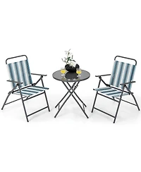 Gymax 3 Pieces Patio Folding Chair Set w/ 2 Chairs and Glass Round Coffee Table Porch Deck Backyard