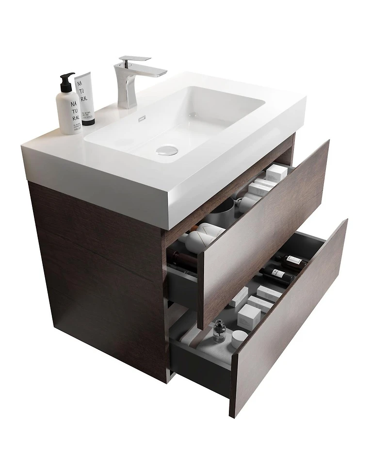 Thirtypeachy 30" Walnut Melamine Floating Vanity With Basin Sink, 3 Soft-Close Drawers Handle-Free, Pre-Assembled