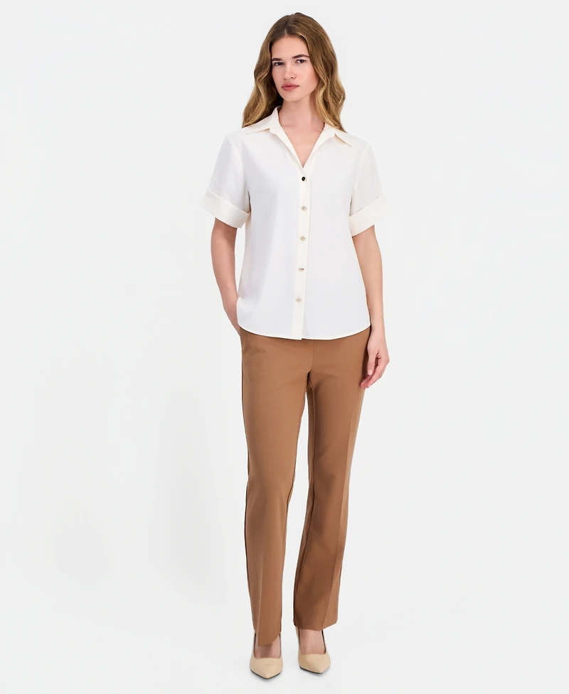 Anne Klein Essentials Petite Button-Front Short-Sleeve Top