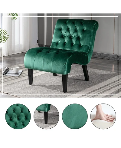 Rainsken Modern Velvet Accent Chair, Upholstered Fabric Button Reading Chaise with Tufted Back, Wooden Legs, Rolled Edge Design for Living Room