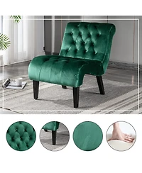 Rainsken Modern Velvet Accent Chair, Upholstered Fabric Button Reading Chaise with Tufted Back, Wooden Legs, Rolled Edge Design for Living Room