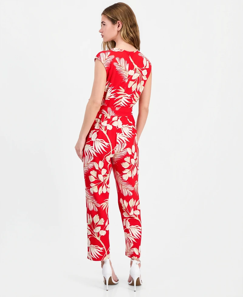 Anne Klein Essentials Petite Printed V-Neck Tie-Waist Jumpsuit