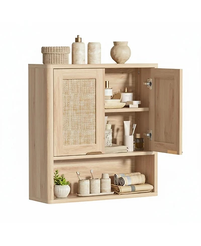 Yigii Rattan Wall Mounted Bathroom Cabinet Adjustable Shelf Over Toilet Storage Organizer Boho Style