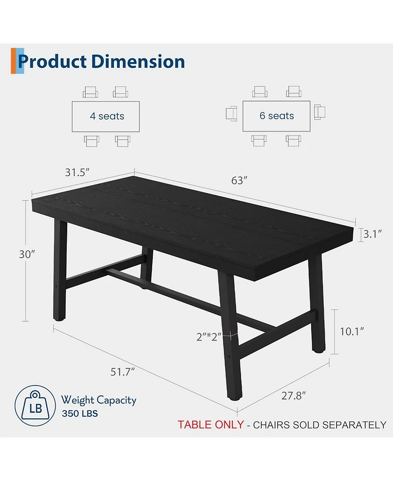 gaomon Industrial Dining Table for 4-6 People, 63" Long Large Kitchen Table with Sturdy Metal Frame, Rectangular Counter