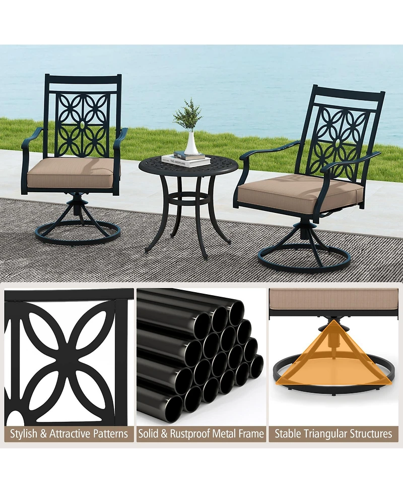 Gymax Patio Metal Swivel Chairs Set of 2 Fabric Bistro Rocker Chairs w/ Curved Armrests