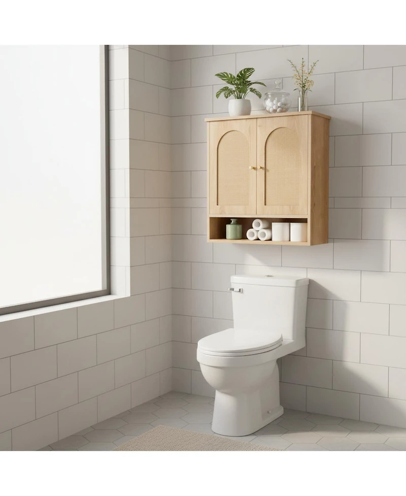 Yigii Bathroom Wall Cabinet with 2 Rattan Doors Open Shelf Heavy Duty Storage for Kitchen Living Room Entryway