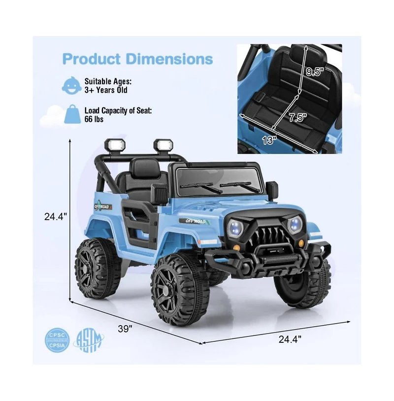 Hongge 12V Kids Ride on Truck Car with Remote Control Threaded Wheels and 3 Speeds