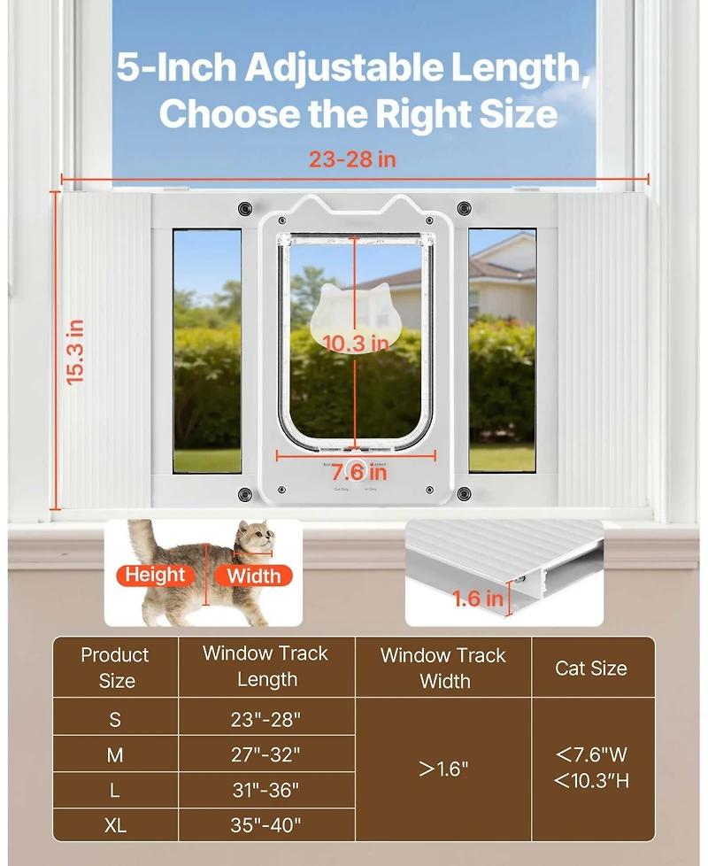 Cozito Adjustable Window Cat Door 23"–28" Wide with 4 Lock Modes and Aluminum Frame