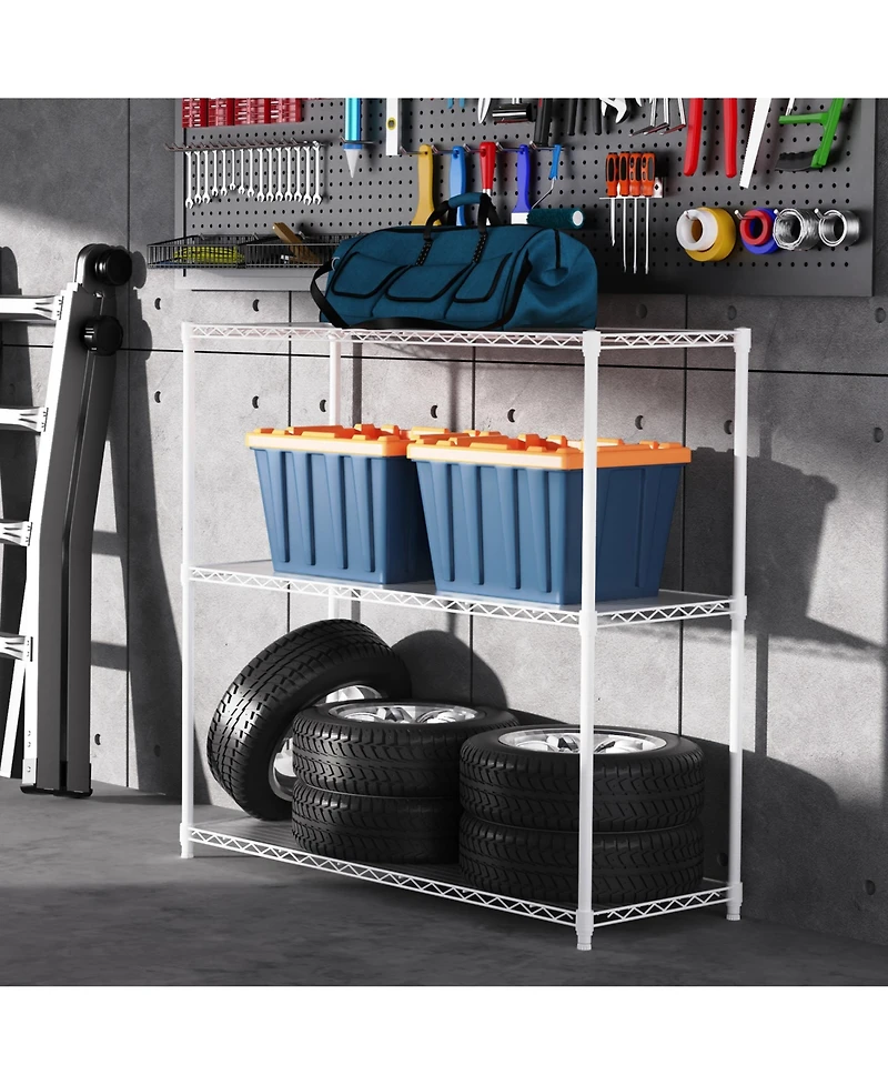 Rainsken 3 Tier Wire Shelving Unit, Heavy Duty Metal Rack, Adjustable Shelves Organizer Rack with Shelf Liners, 1050 Lbs Capacity for Garage
