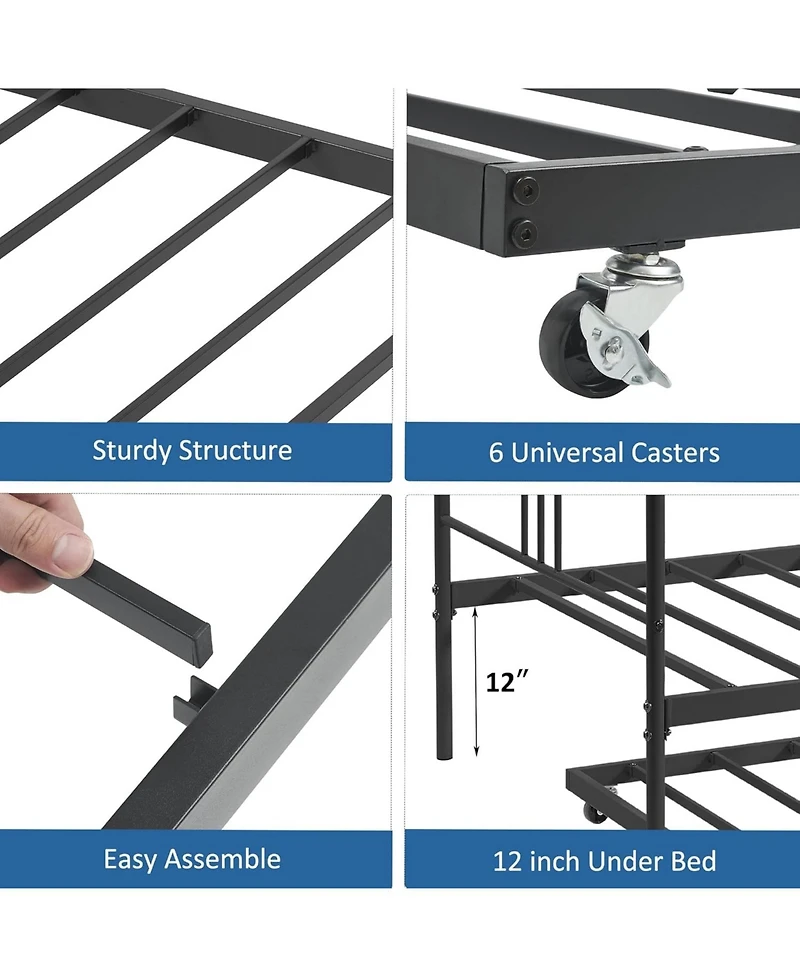 gaomon Twin Metal Daybed with Trundle, Pullout Trundle Bed with Casters, Steel Slat Support Sofa Bed for Bedroom,Guest Room