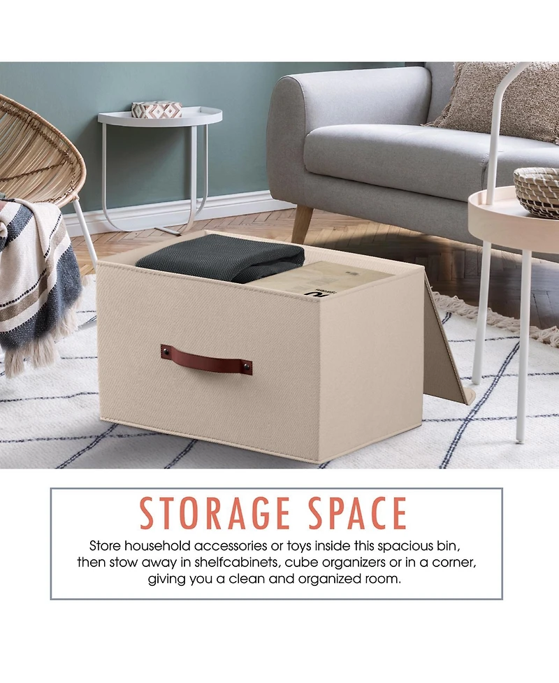 Ornavo Home Pack Foldable Linen Storage Bin with Faux Leather Handles and Lid