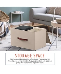 Ornavo Home Pack Foldable Linen Storage Bin with Faux Leather Handles and Lid