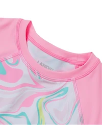 Lands' End Big Girls Plus Chlorine Resistant Short Sleeve Rash Guard 3 Piece Swimsuit Set