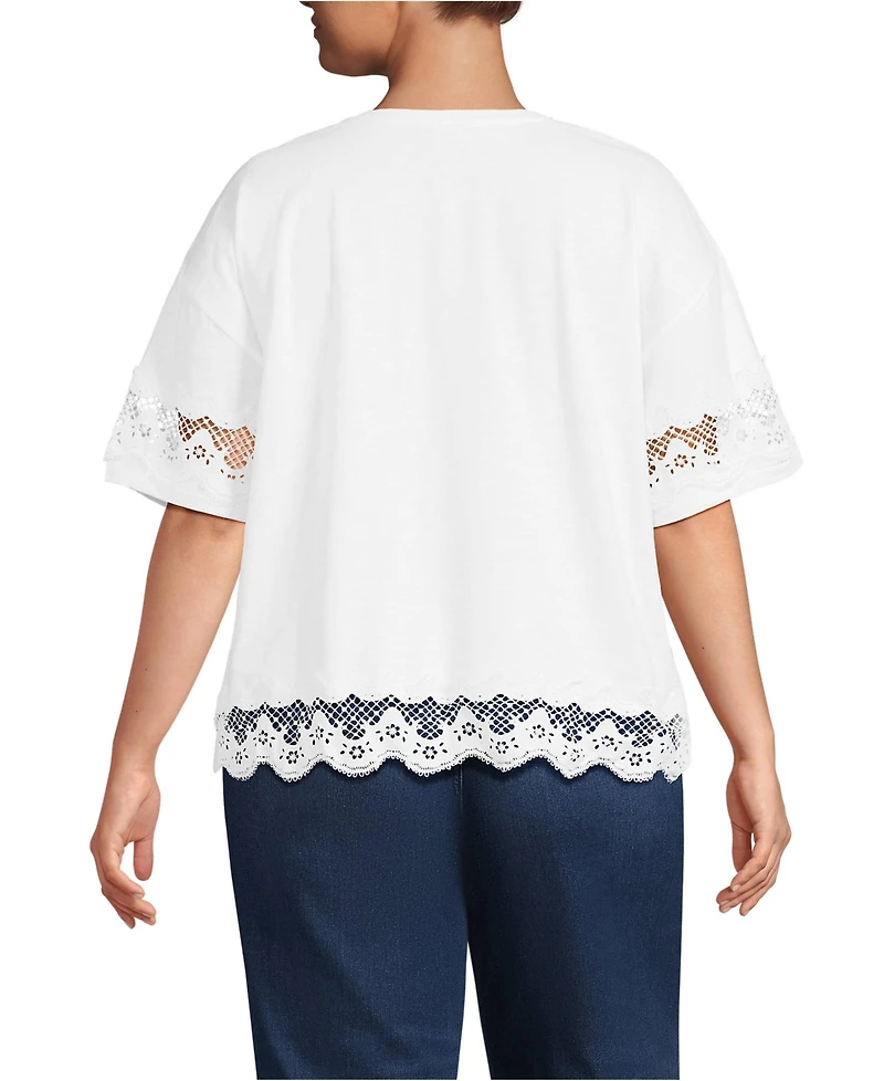 Lands' End Plus Short Sleeve Slub Jersey Cutwork T-Shirt