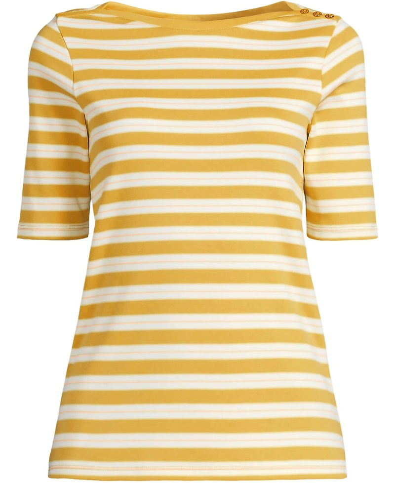 Lands' End Women's Supima Cotton Elbow Sleeve Boatneck Button Shoulder Tee