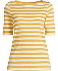 Lands' End Women's Supima Cotton Elbow Sleeve Boatneck Button Shoulder Tee