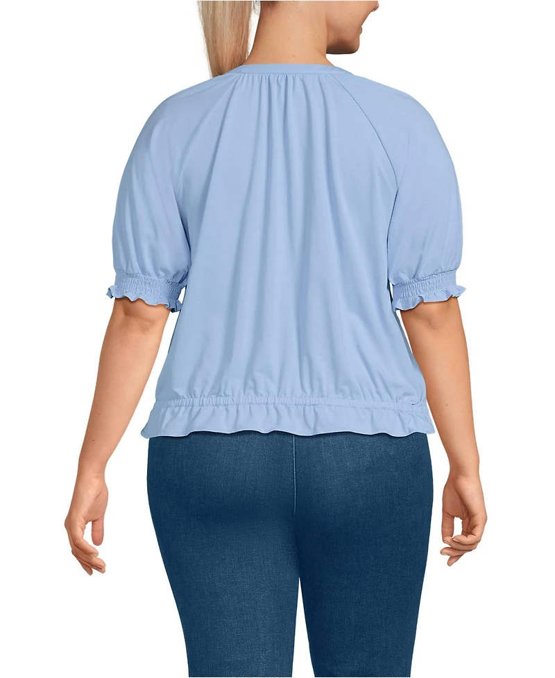 Lands' End Plus Elbow Sleeve Lightweight Jersey Gathered Adjustable Hem Blouse