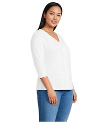 Lands' End Plus 3/4 Sleeve Slub V-neck Lace Trim Top