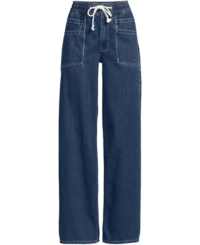Lands' End Women's Lightweight Denim High Rise Relaxed Straight Pull On Pocket Jeans