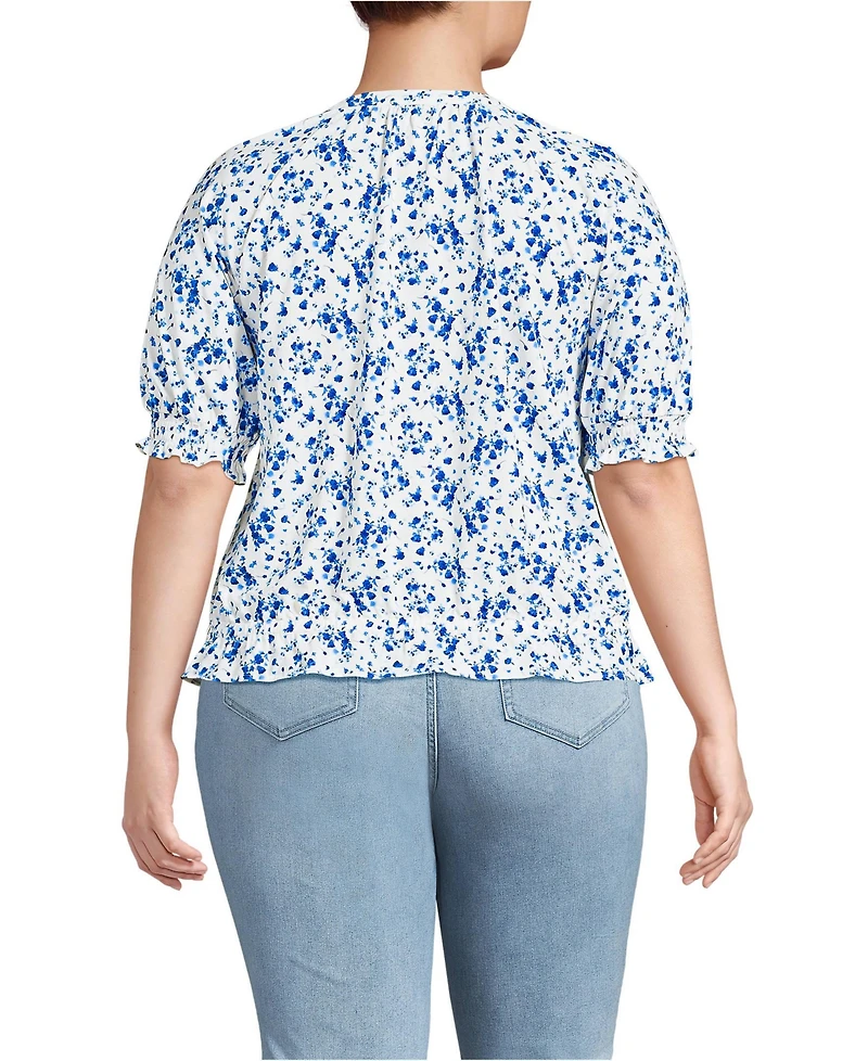 Lands' End Plus Elbow Sleeve Lightweight Jersey Gathered Adjustable Hem Blouse