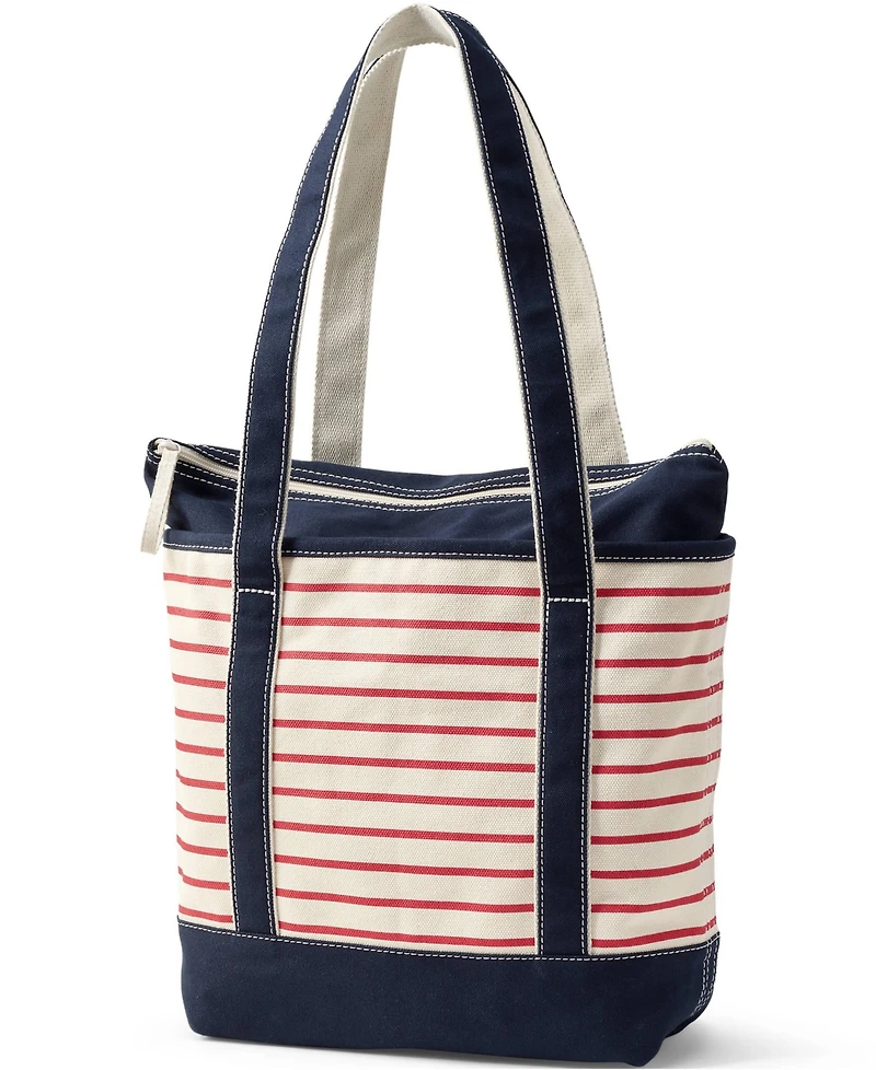 Lands' End Medium Print 5 Pocket Zip Top Long Handle Canvas Tote Bag