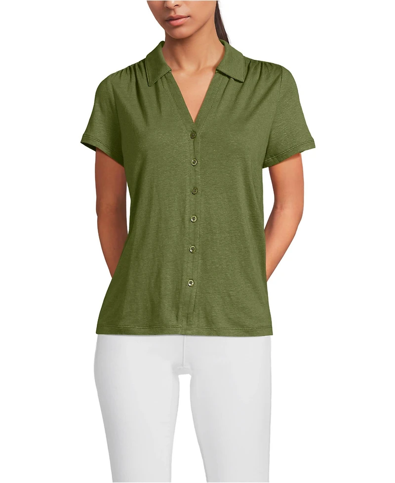 Lands' End Women's Linen Blend Short Sleeve Button Front Polo Top