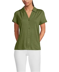 Lands' End Women's Linen Blend Short Sleeve Button Front Polo Top