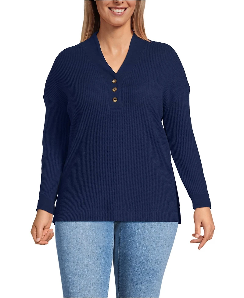 Lands' End Plus Long Sleeve Waffle Shawl Collar Henley
