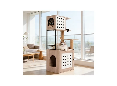 Zeus and Ruta Cat Tree with Litter Box Enclosure with Large Hammock Bed Food Station Scratching Posts Modern Pet Furniture