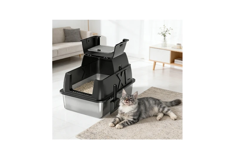 Zeus and Ruta Stainless Steel Cat Litter Box with Lid Xl 18 Inch Deep for Big Cats 180 Degree Flip Top Odor Free Anti Leak Scoop