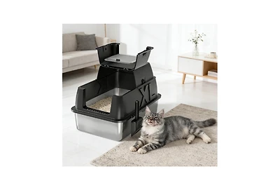 Zeus and Ruta Stainless Steel Cat Litter Box with Lid Xl 18 Inch Deep for Big Cats 180 Degree Flip Top Odor Free Anti Leak Scoop