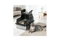 Zeus and Ruta Stainless Steel Cat Litter Box with Lid Xl 18 Inch Deep for Big Cats 180 Degree Flip Top Odor Free Anti Leak Scoop