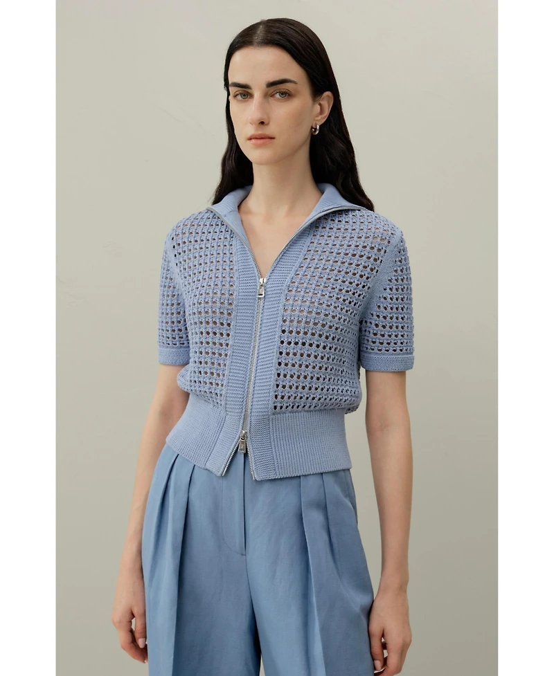 Lilysilk Women's Toscana Pointelle Knit Double-Zip Cardigan