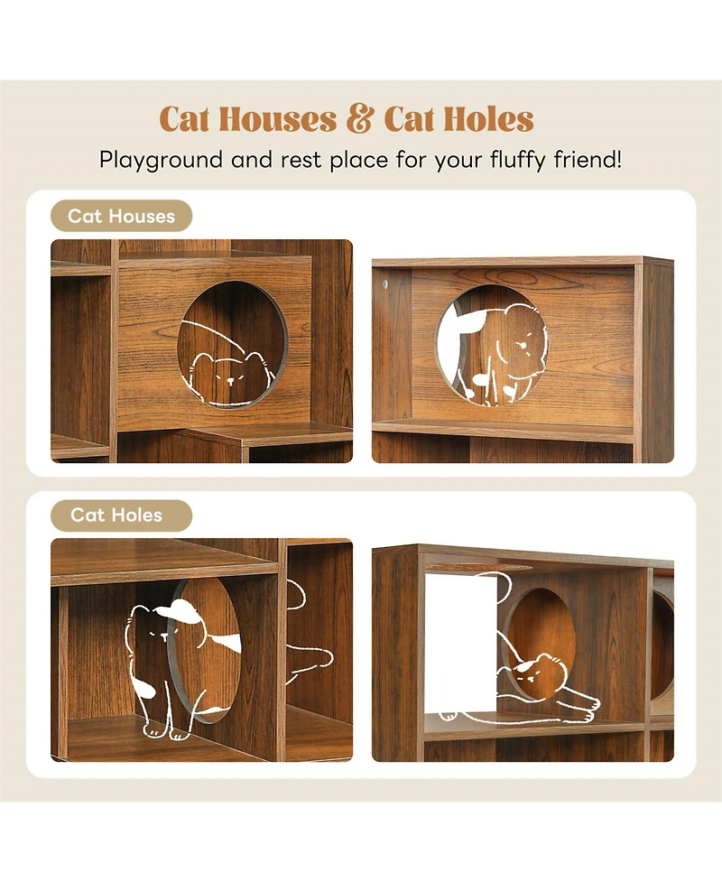 Zeus And Ruta Modern 2 1 Wood Cat Tree Bookshelf House With Storage Display Case Litter Box Enclosure