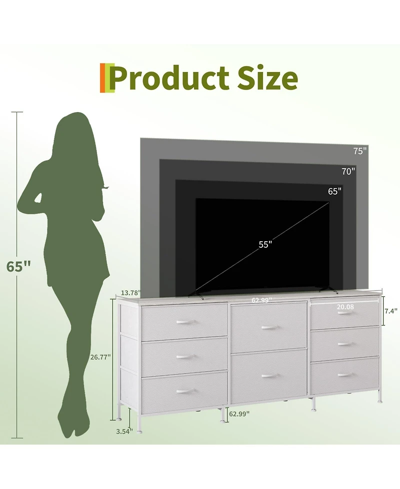 gaomon 63" Tv Stand Dresser with 8 Fabric Drawers for TVs up to 75", Storage Organizer Wooden Top and Metal Frame
