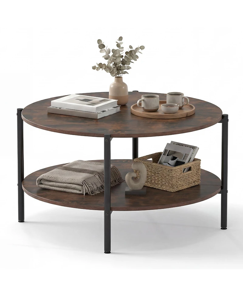 Slickblue 2-Tier Industrial Round Coffee Table, Accent Table with Open Storage Shelf-Rustic