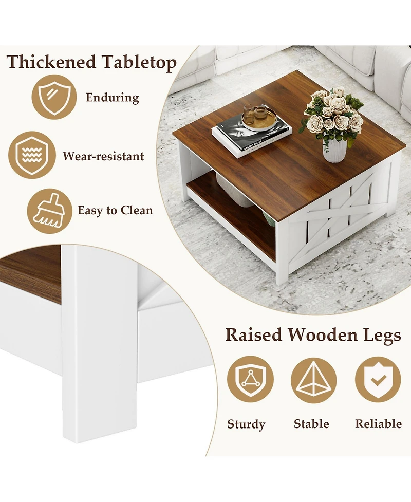 Slickblue Farmhouse Coffee Table Square with Storage Shelf