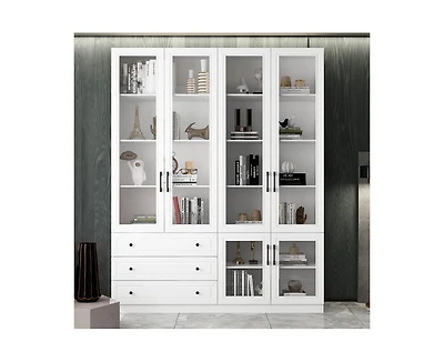 Famapy White 10-Shelf Accent Bookcase with Glass Doors, Led Lights