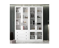 Famapy White 10-Shelf Accent Bookcase with Glass Doors, Led Lights