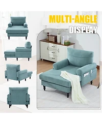 Rainsken Extra Large Chenille Chaise Lounge, Modern Reclining Single Sofa with Wooden Legs and Side Pockets for Living Room, Bedroom