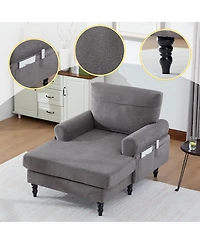 Rainsken Oversized Chenille Chaise Lounge, Leisure Recliner Sofa with Wooden Legs and Side Pockets for Living Room, Bedroom