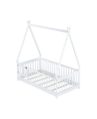 Clihome Twin Tent-shaped Floor Bed,Teepee Bed with Guardrails,Slats and Door