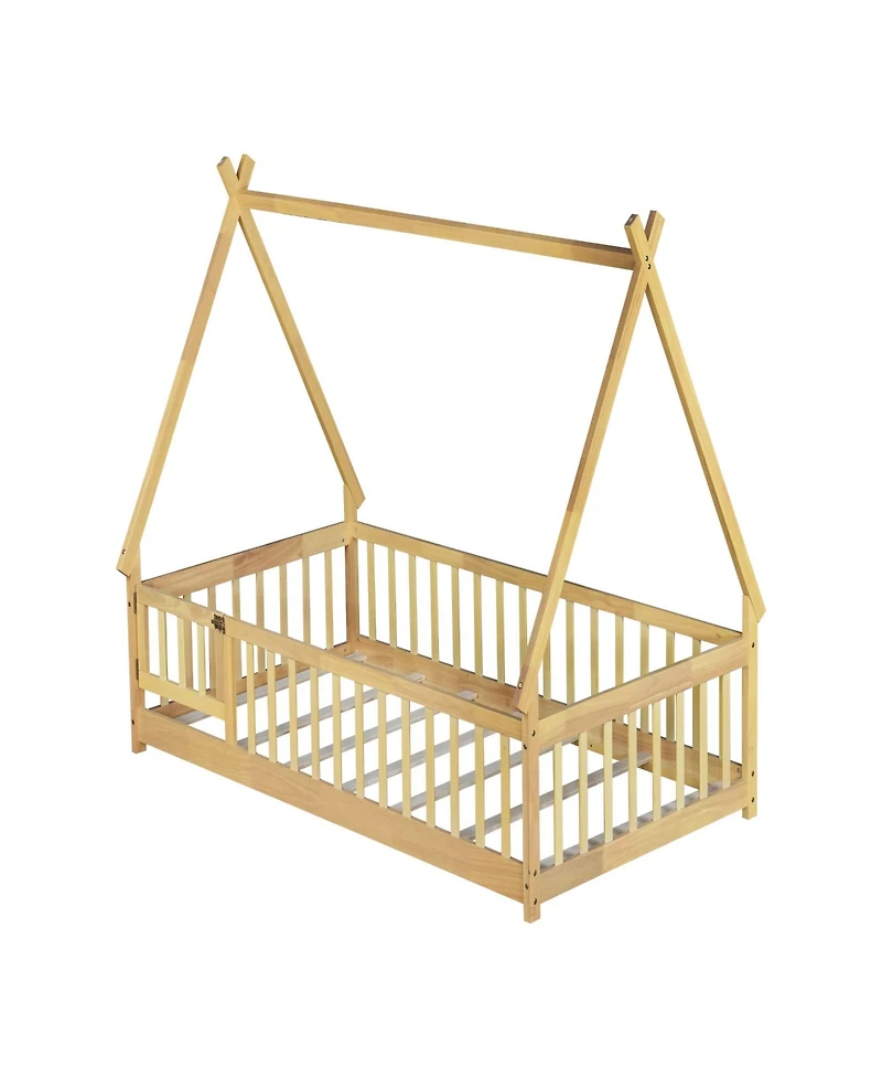 Clihome Twin Tent-shaped Floor Bed,Teepee Bed with Guardrails,Slats and Door